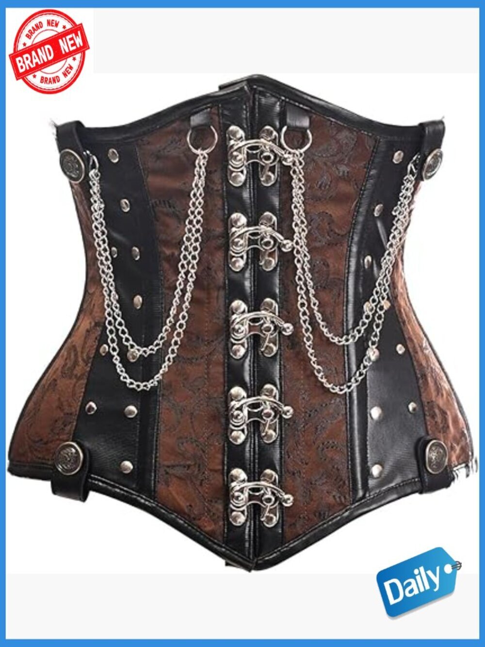Steel Boned Underbust Corset with Chains Front Clasp Lace Up Back